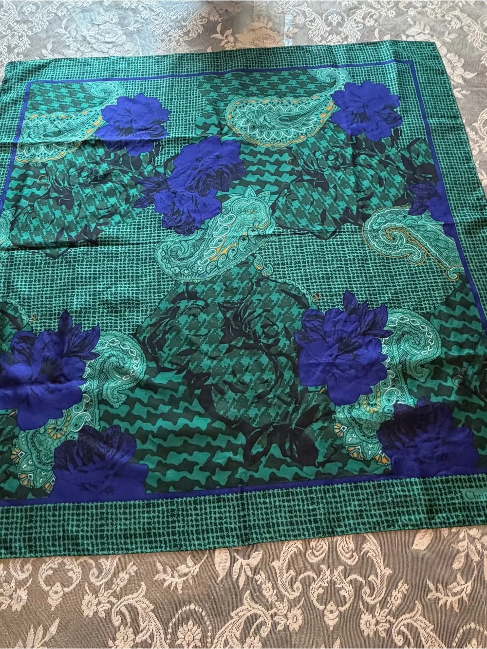 Vintage Dior Green and Blue Floral Paisley Silk Scarf